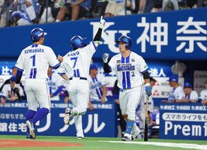 DeNA対巨人　3回裏DeNA2死一塁、佐野(中央)は2点本塁打を放ち牧(右)らとタッチを交わす(撮影･足立雅史)