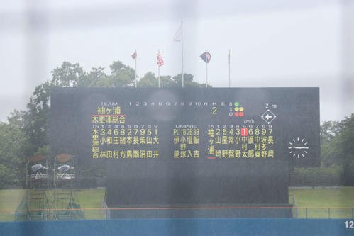 袖ケ浦対木更津総合　1回表袖ケ浦2死一、二塁　試合中断(撮影･北村健龍)