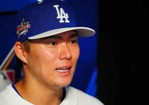 MLBオールスター前日会見に臨むドジャース山本(撮影･垰建太)