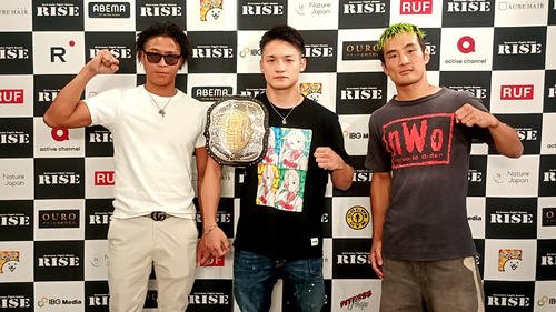 ｢RISE191｣で戦う鈴木真彦(左)と加藤有吾(右)、中央はフランス人ファイターと対戦するバンタム級王者大崎孔稀
