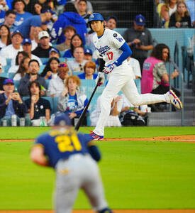 ドジャース対ブルワーズ　3回裏ドジャース2死、三ゴロに倒れる大谷(撮影･垰建太)
