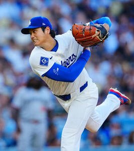 ドジャース対ツインズ　力投するドジャース先発の大谷(撮影･垰建太)