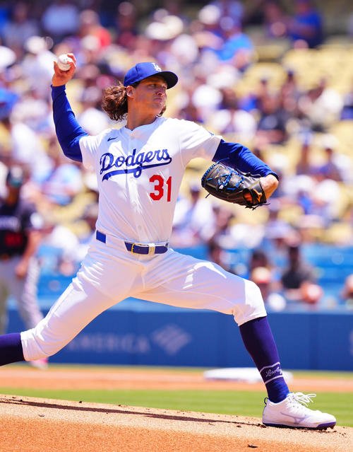 ドジャース対ツインズ　力投するドジャース先発のグラスノー(撮影･垰建太)