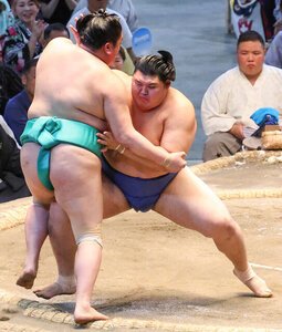 大の里(右)は押し出しで一山本を下す＝溝脇正撮影