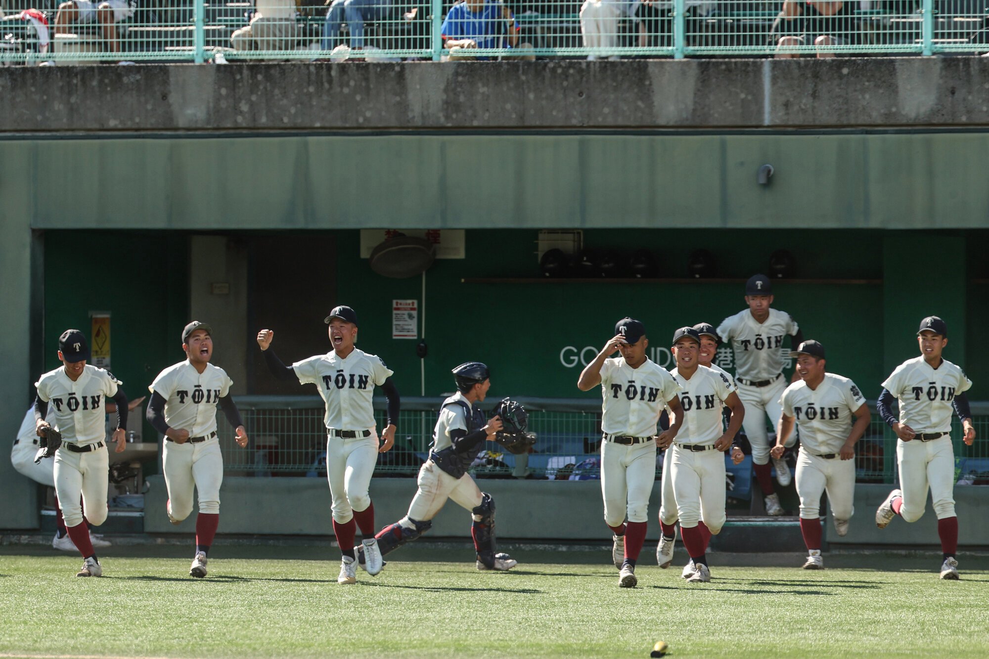 大阪桐蔭―履正社　履正社に勝利し喜ぶ大阪桐蔭の選手ら=GOSANDO南港球場、米田怜央撮影