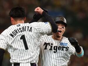 阪神対DeNA 6回裏阪神1死、ソロ本塁打を放った佐藤輝は森下と喜び合う(撮影･上田博志)