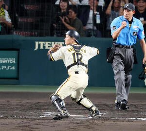 阪神対広島　7回表広島無死満塁、坂本は大竹から受けた代打野間の打球を一塁へ転送(撮影･加藤哉)