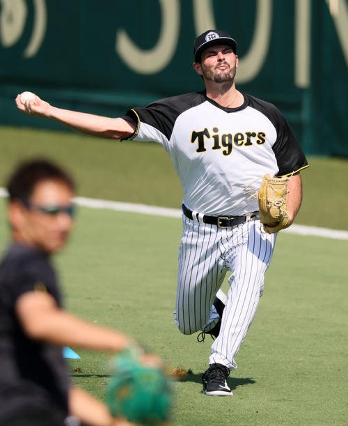 7月29日、1軍練習に参加しキャッチボールする阪神ハートウィグ