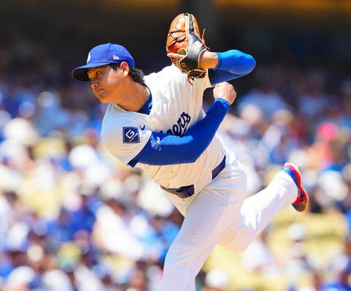 ドジャース対カージナルス　力投するドジャース先発の大谷(撮影･垰建太)