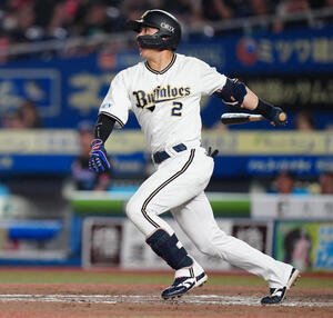 ロッテ対オリックス　8回表オリックス2死三塁、左前適時打を放つ若月(撮影･鈴木みどり)