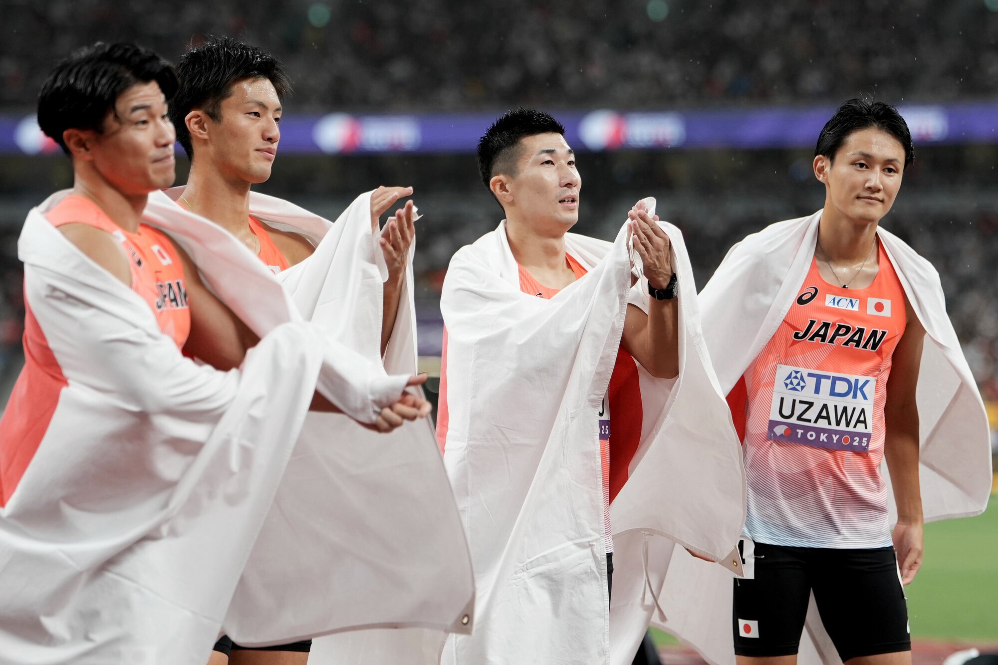 男子400メートルリレー決勝で6位に入った(左から)小池祐貴、柳田大輝、桐生祥秀、鵜沢飛羽=藤原伸雄撮影