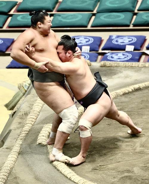 佐田ノ輝(左)を押し出しで破る炎鵬(撮影･河田真司)