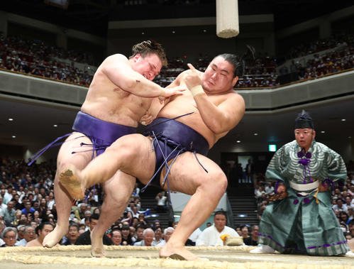 安青錦(左)は豊昇龍を切り返しで破る(撮影･河田真司)