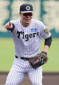 投内連係の練習をする阪神佐藤輝(撮影･上山淳一)