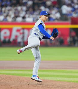 ダイヤモンドバックス対ドジャース　ドジャース先発の山本(撮影･菅敏)