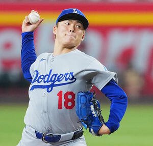 ダイヤモンドバックス対ドジャース　ダイヤモンドバックス戦に先発し、6回を4安打無失点に抑え、12勝目を挙げたドジャース山本(2025年9月25日撮影)