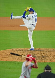 ドジャース対レッズ　9回に登板し、最後を締めくくったドジャース佐々木(撮影･菅敏)