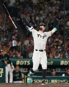 阪神対ヤクルト　5回裏阪神1死二塁、佐藤輝は右越えに40号本塁打を放つ(撮影･上田博志)