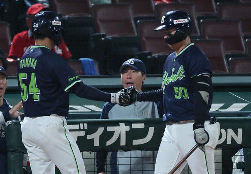 広島対ヤクルト　1回表ヤクルト1死二、三塁、村上の先制右犠飛で生還した田中を迎える高津監督(中央)(撮影･加藤孝規)