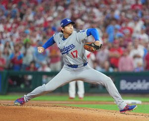 地区シリーズ･フィリーズ対ドジャース　ドジャース先発の大谷(撮影･菅敏)