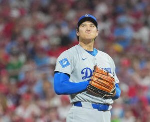 地区シリーズ･フィリーズ対ドジャース　2回、3失点に渋い表情を見せる大谷(撮影･菅敏)