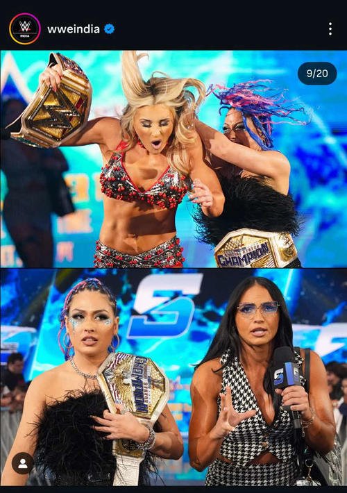WWE女子王者スティファニー･ストラットン(上段左)を襲撃するジュリア(同右)。代理人キアナ･ジェームズ(下段右)と並ぶジュリア(WWEインド公式インスタグラムから)