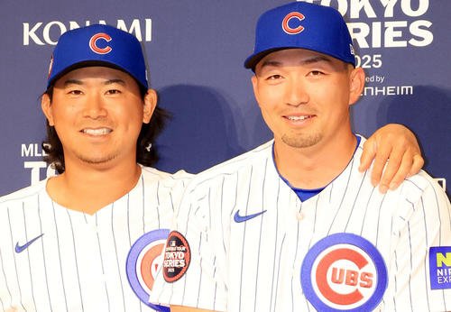 カブス今永昇太(左)と鈴木誠也(2025年撮影)