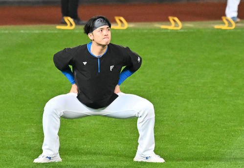 日本ハム対オリックス　試合前練習で体をほぐす日本ハム郡司(撮影･滝沢徹郎)