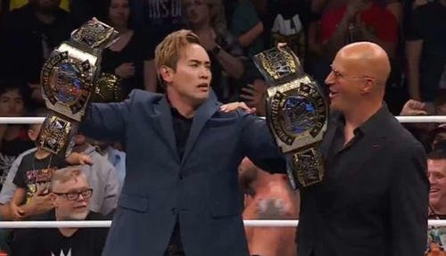 ブロディードの2人をKOしてベルトを奪ったオカダ･カズチカとドン･キャリス(右)(AEW公式Xから)