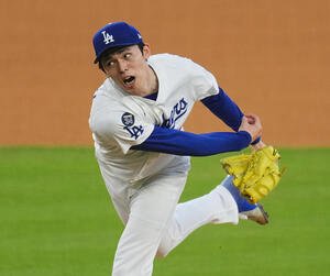 ドジャース対ブルワーズ　9回に登板し、最後を締めくくったドジャース佐々木(撮影･菅敏)