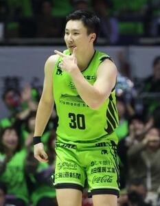 レバンガ北海道対FE名古屋　第1Q 3Pシュートを決めポーズをとるレバンガ北海道･富永(撮影･黒川智章)