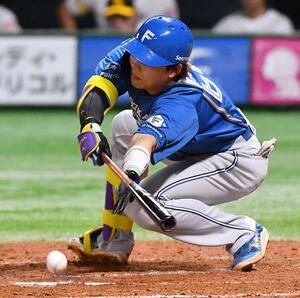 ソフトバンク対日本ハム　5回表日本ハム1死二、三塁、田宮は投前へスクイズを成功させる(撮影･岩下翔太)