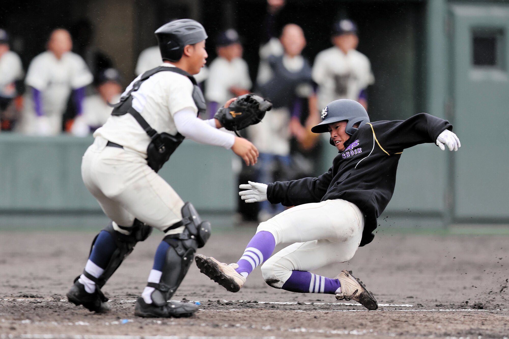 広島商―米子松蔭　三回裏米子松蔭、4番島村の適時打で二塁から新里が生還、2点目。捕手今井=2025年10月25日午後0時27分、山口マツダ西京きずなスタジアム、山田一仁さん撮影