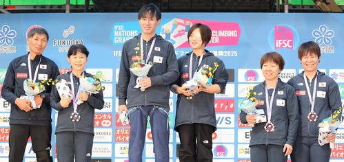 IFSCクライミンググランドファイナルズ福岡2025のパラクライミング･カテゴリーAのメダリスト(撮影･木下淳)