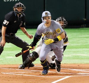 ソフトバンク対阪神　1回表阪神1死二、三塁、佐藤輝は右前適時打を放つ(撮影･加藤哉)