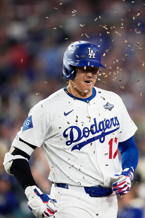 ドジャース大谷翔平はブルージェイズ戦7回に同点ソロ本塁打を放つと同僚からヒマワリシャワーの祝福受ける(AP)