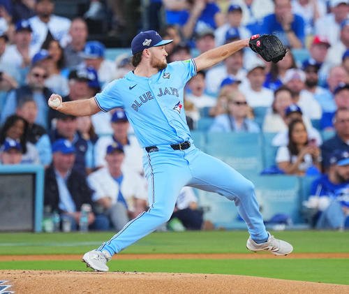 ドジャース対ブルージェイズ　ブルージェイズ先発のイエサページ(撮影･菅敏)