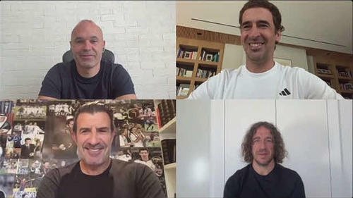 11月22日開催の｢エルクラシコレジェンズ｣に向けてオンライン会見に出席した左上から時計回りにイニエスタ、ラウール、プジョル、フィーゴ