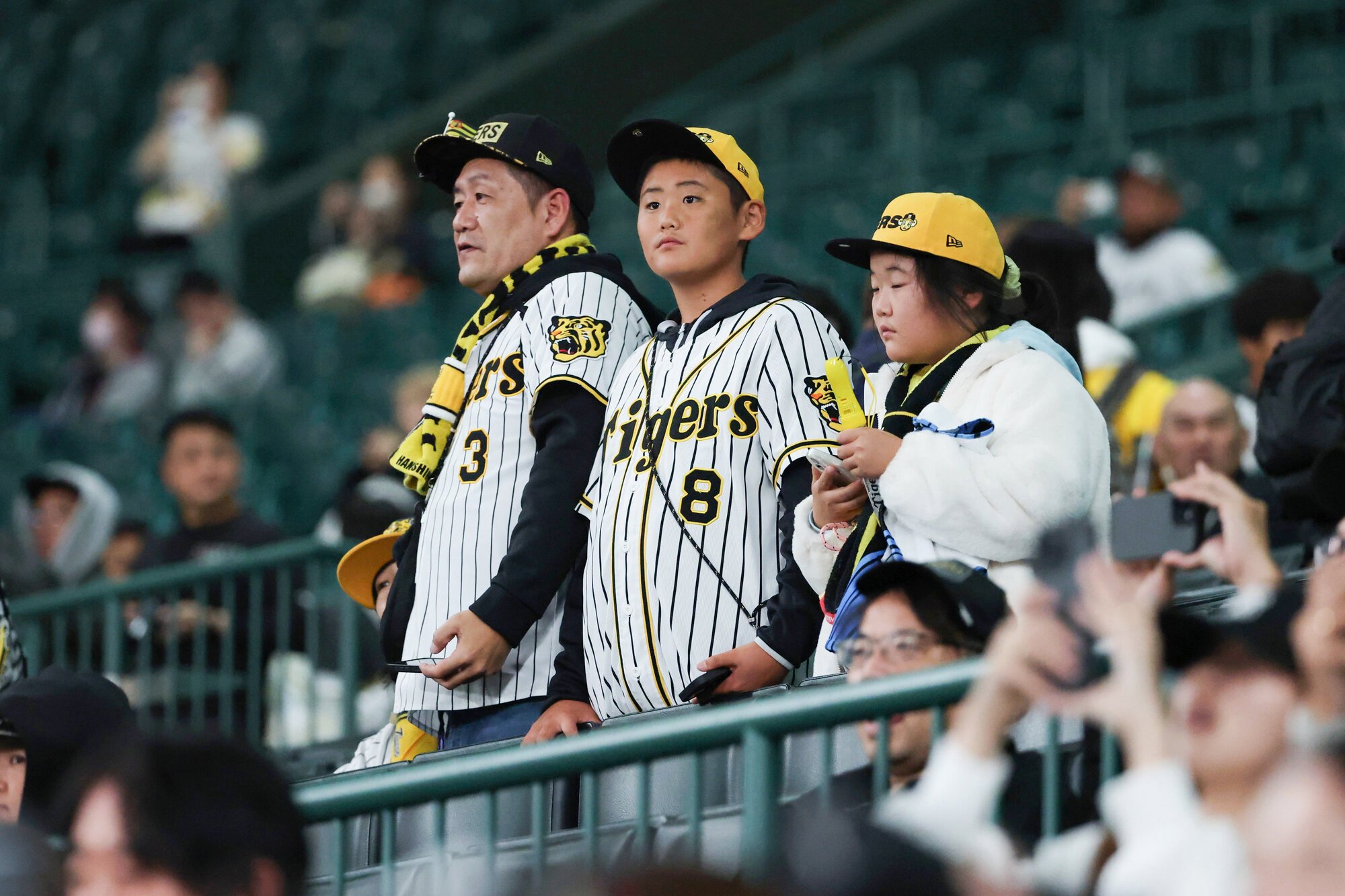 試合後、閉会式を見つめる阪神ファンら=2025年10月30日午後10時44分、阪神甲子園球場、有元愛美子撮影