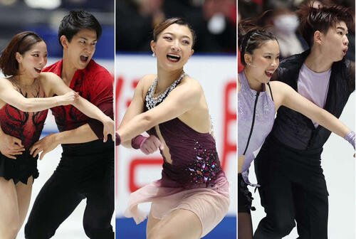 左からフィギュアスケートペアの三浦璃来、木原龍一組、女子の坂本花織、アイスダンスの吉田唄菜、森田真沙也組