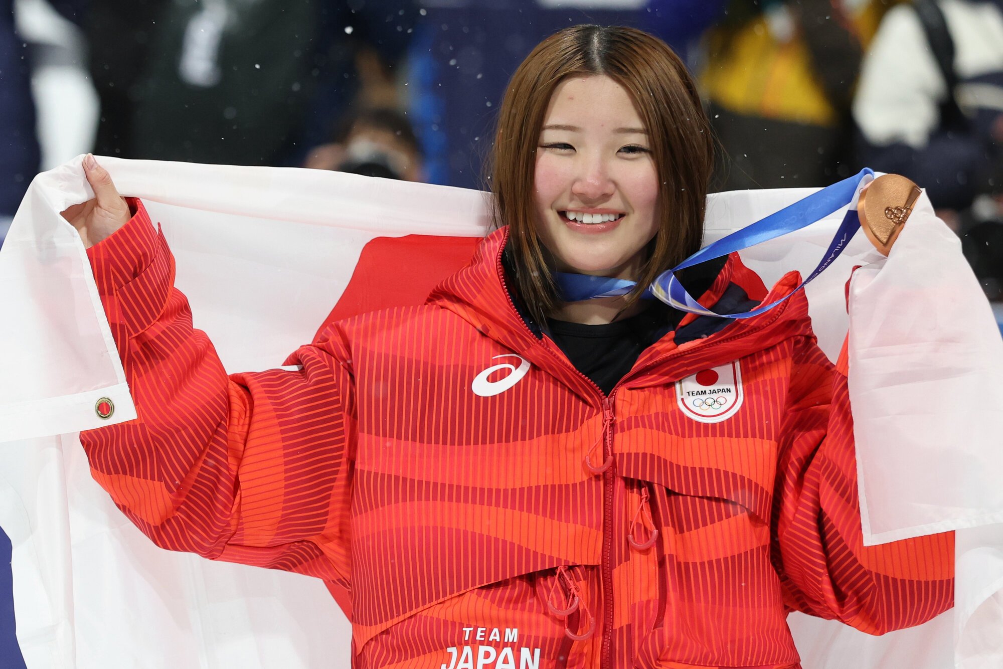 スノーボード女子ハーフパイプで、銅メダルを獲得した小野光希=関田航撮影