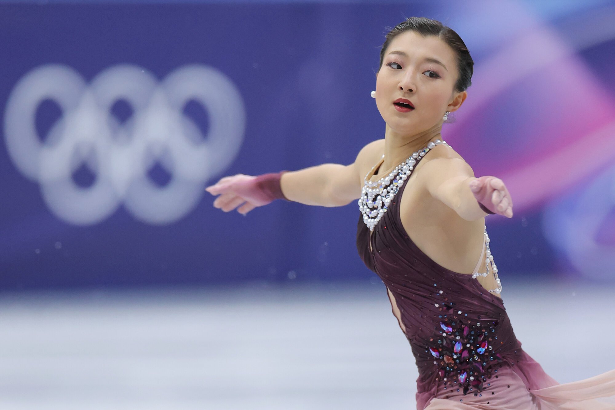 ミラノ･コルティナ冬季五輪のフィギュア団体女子フリーで演技する坂本花織選手=2026年2月8日午後9時28分、ミラノ･アイススケートアリーナ、西岡臣撮影