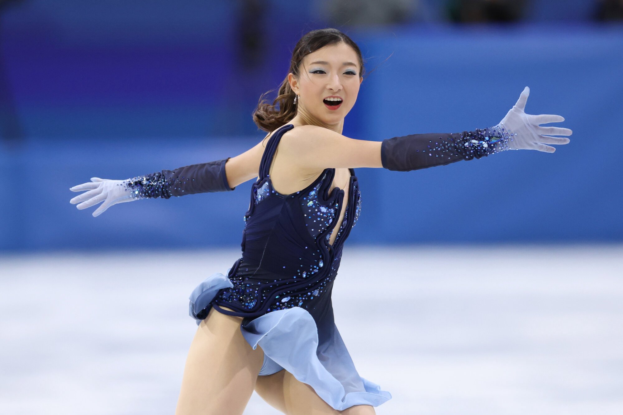 フィギュアスケート女子SPで演技する坂本花織=西岡臣撮影