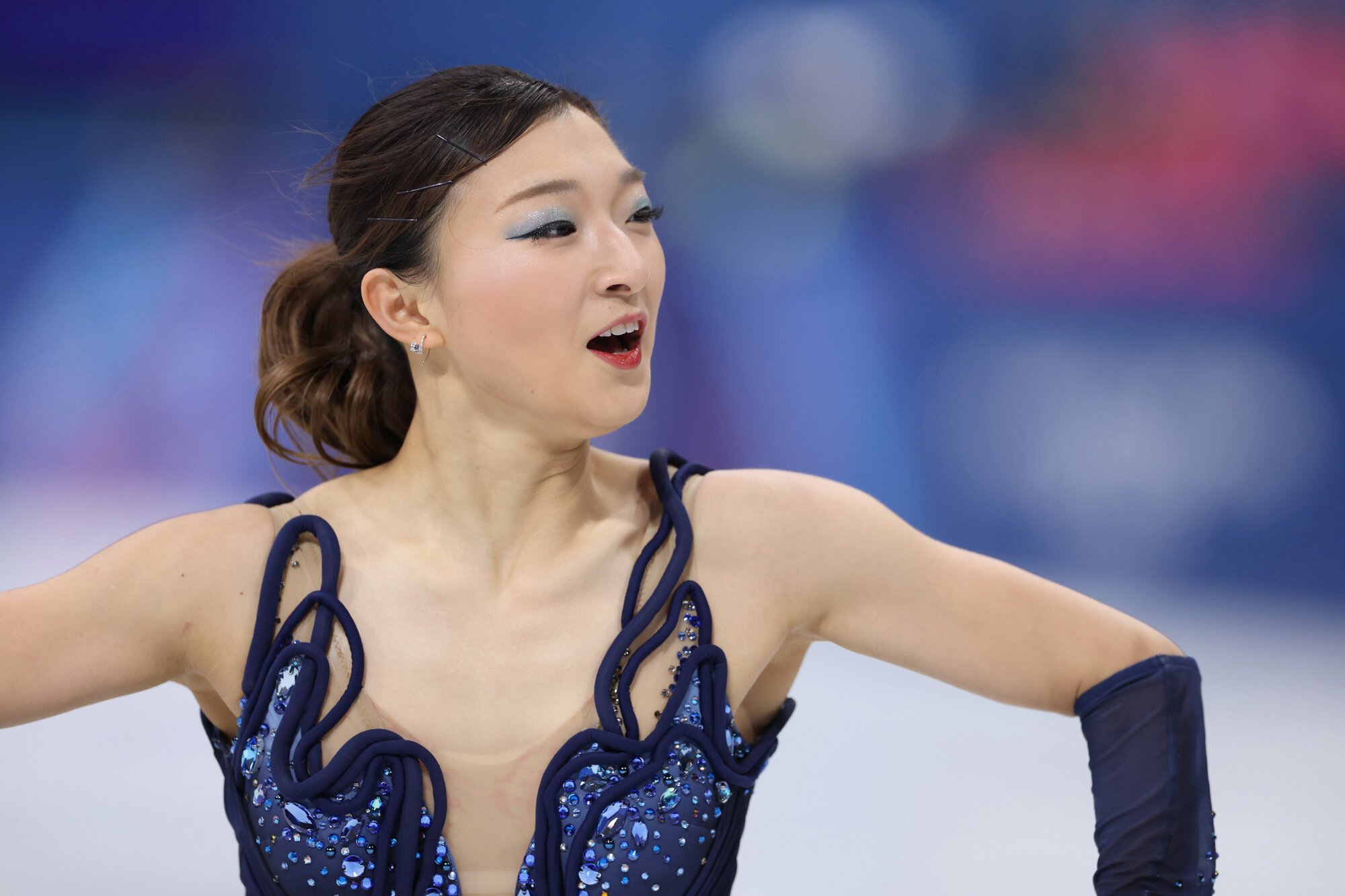 フィギュアスケート女子SPで演技する坂本花織=西岡臣撮影