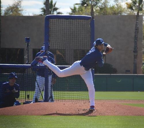 実戦想定の投球練習を行った大谷(撮影･斎藤庸裕)