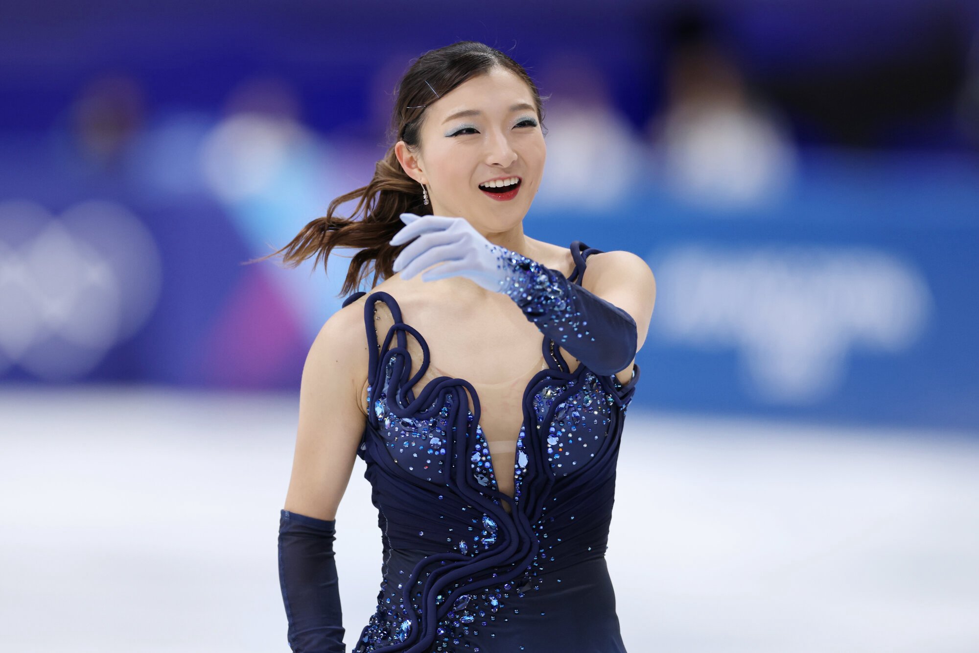 フィギュアスケート女子SPで演技を終えて笑顔の坂本花織=西岡臣撮影