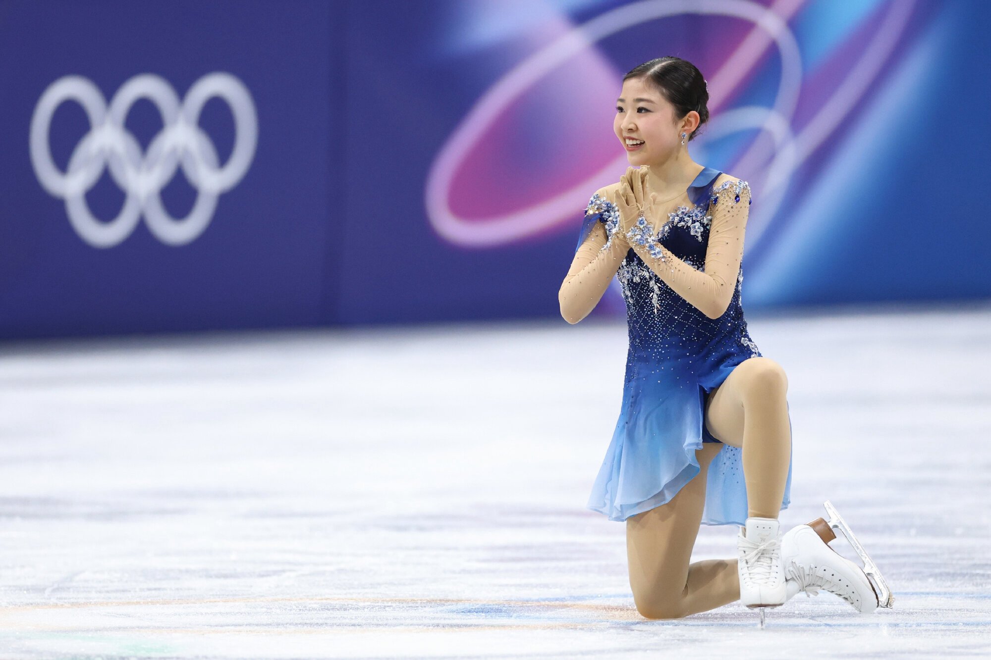 フィギュアスケート女子フリーで演技を終え、笑顔を見せる千葉百音=西岡臣撮影