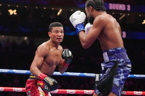 ゲーリー･ラッセル(右)と対戦する平岡アンディ(AP)