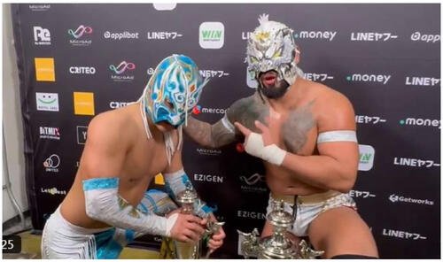 Jr.タッグリーグで優勝したアレハンドロ(左)とドラゴン･ベイン(ノア公式Xから)