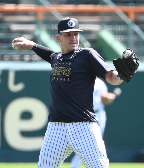 打撃練習のボールを投げる阪神ディベイニー(撮影･石井愛子)